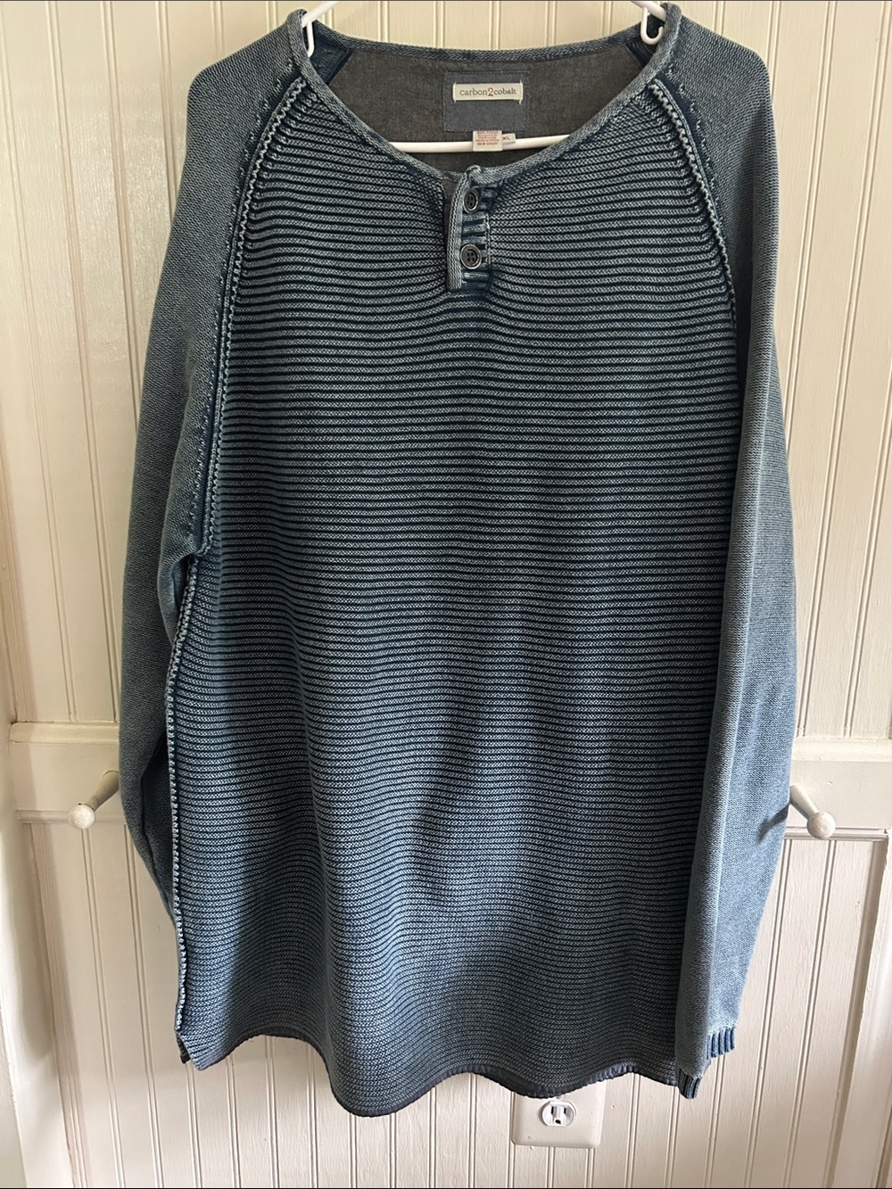 Carbon2Cobalt Waterman Blue Cotton Blend Men's Henley Crewneck Sweater